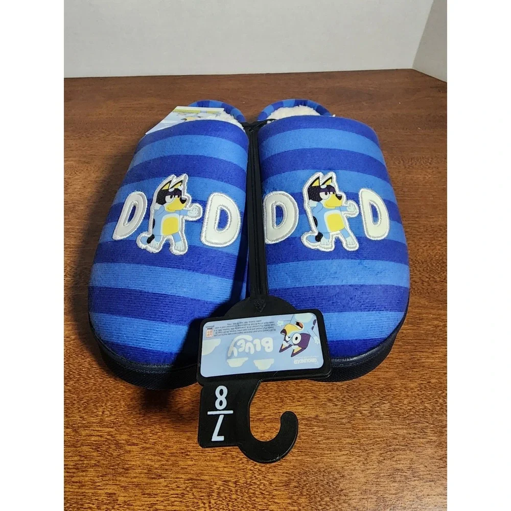 BLUEY Men's Size 7-8 Scuff Slippers Sherpa Slip-On  Slides • Blue